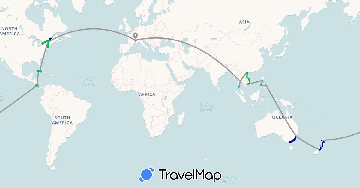 TravelMap itinerary: driving, bus, plane, boat in Australia, Canada, Costa Rica, Cuba, France, New Zealand, Philippines, Thailand, United States, Vietnam (Asia, Europe, North America, Oceania)